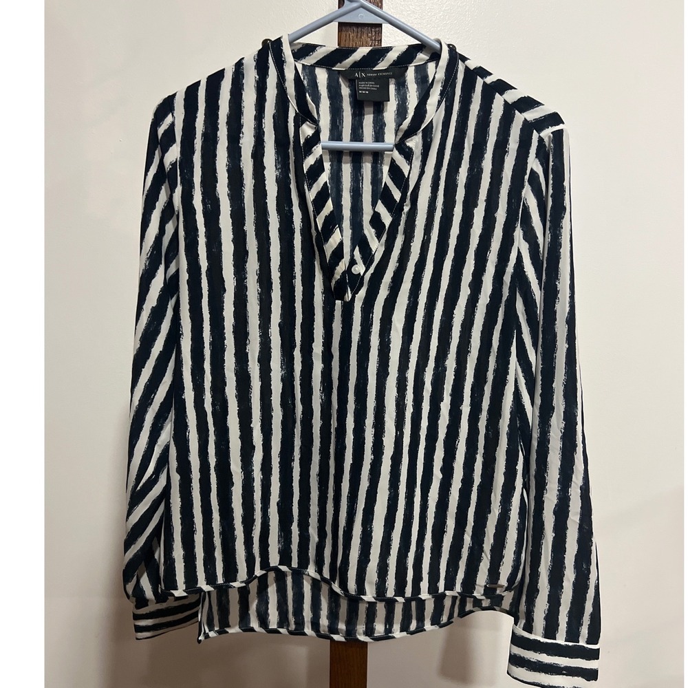 Armani Exchange Womens Navy White Striped Split Neck LS Blouse M Nautical Airy